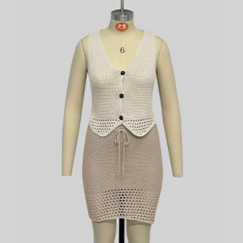 Damenrockanzug für Frühling und Sommer, gestrickte Weste mit V-Ausschnitt, Halbkörperrock, modisches Rockset in Volltonfarbe