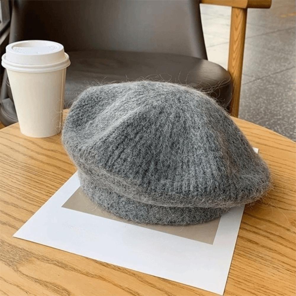 Mohair Knitted Beret Hat Fluffy Knitted Octagonal Cap Casual Wool Painter Hat  Winter