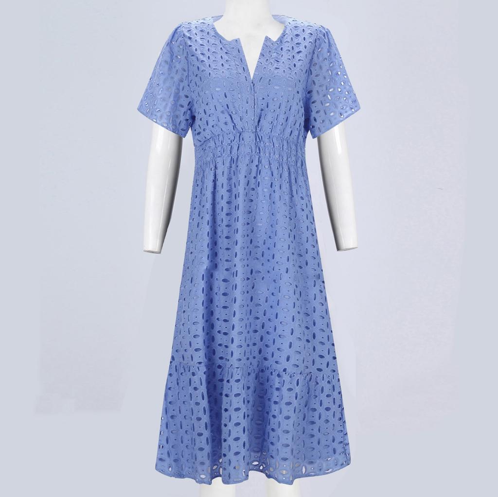 Damskie letnie modne sukienki z koronką Hollow z krótkim rękawem i długim jednolitym kolorem