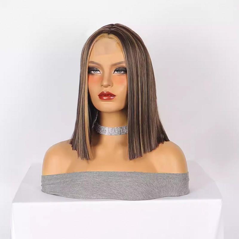 Brown Highlight Short Straight Lace Front Wig Women Synthetic Heat Resistant Glueless