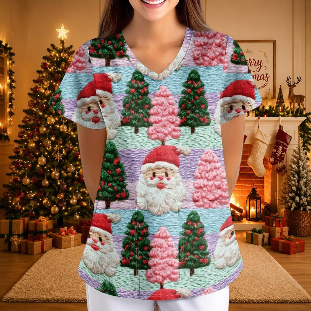 Women's Christmas Print Short Sleeve V-Neck Loose Fit Caregiver Uniform with Pockets