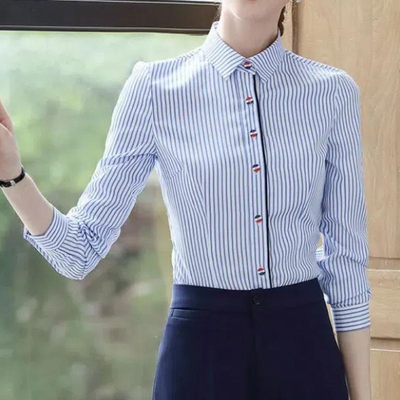 Spring Thin Striped Blouses Women's Commute All-match Polo Collar Loose Solid Color Casual Single-breasted Long Sleeve Shirts