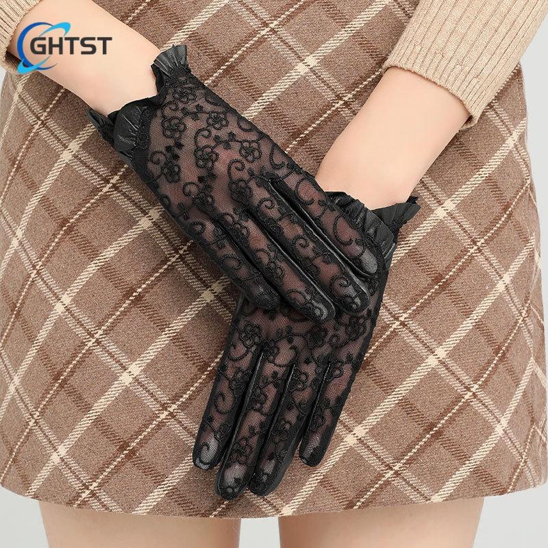 Mănuși Elegante din Dantelă Neagră pentru Femei Piele Nappa Piele Naturală Piele de Oaie Mănuși de Primăvară Mănușă Scurtă Trendy pentru Femei