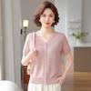 Elegant Lace Embroidery Knit Top - Short-Sleeved Ice Silk Blouse for Middle-Aged Women
