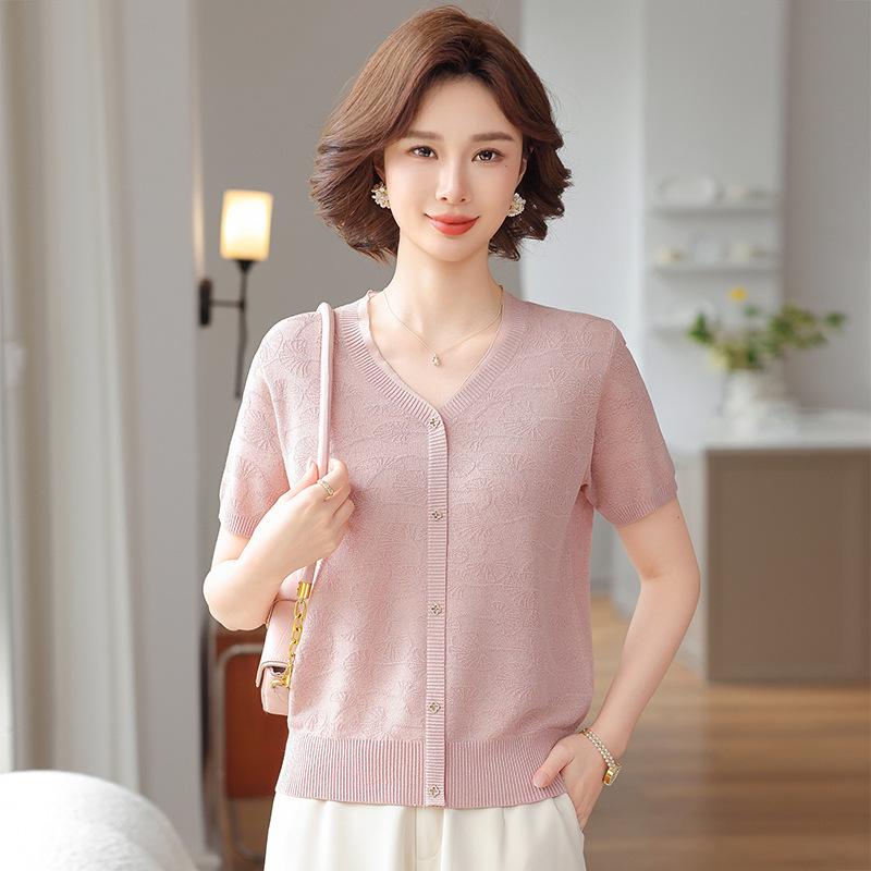 Elegant Lace Embroidery Knit Top - Short-Sleeved Ice Silk Blouse for Middle-Aged Women