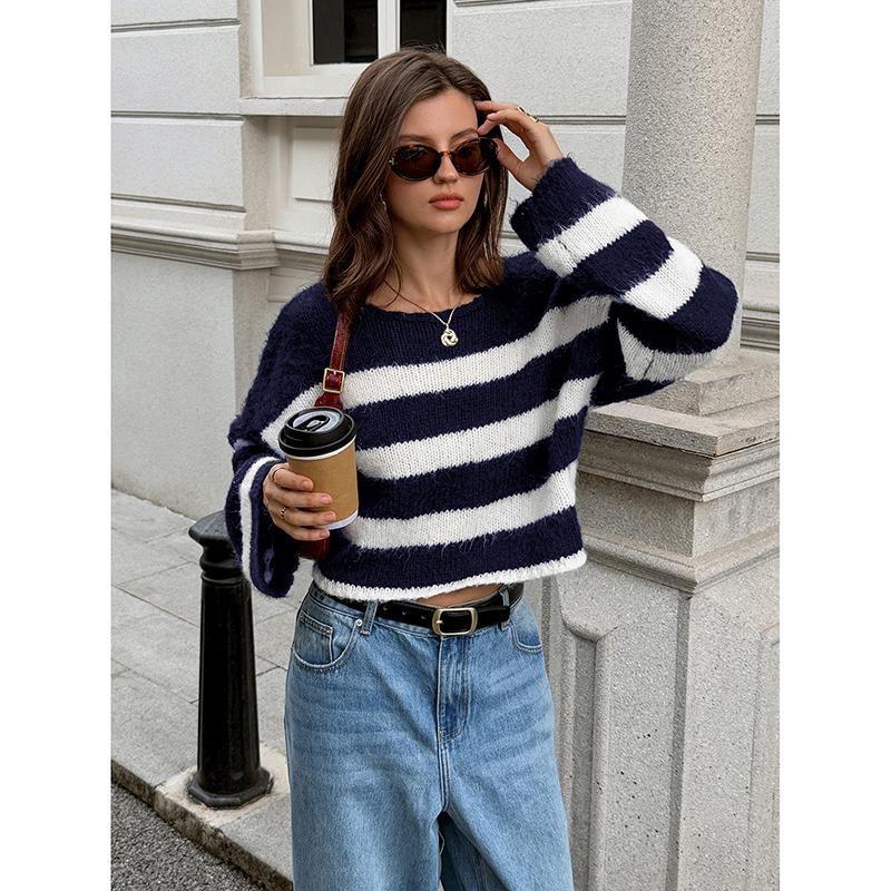 Women's Striped Contrast Color Cropped Knit Sweater Autumn Winter Long Sleeve Crew Neck Loose Casual Daily Pullovers Tops