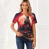 Women's Halloween Printed V-Neck Short Sleeve T-Shirt with Decorative Buttons Casual Top