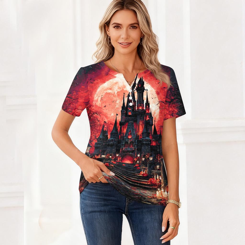 Women's Halloween Printed V-Neck Short Sleeve T-Shirt with Decorative Buttons Casual Top