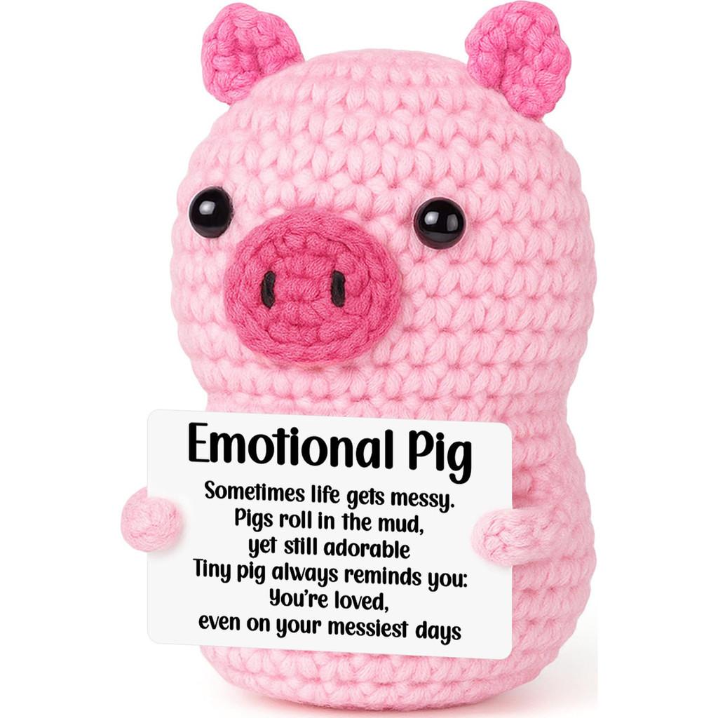 Pink Cute Pig Positive Crochet Animals Doll With Card Desktop Ornament Emotional Support Handmade Knitted Cheer Up Toy