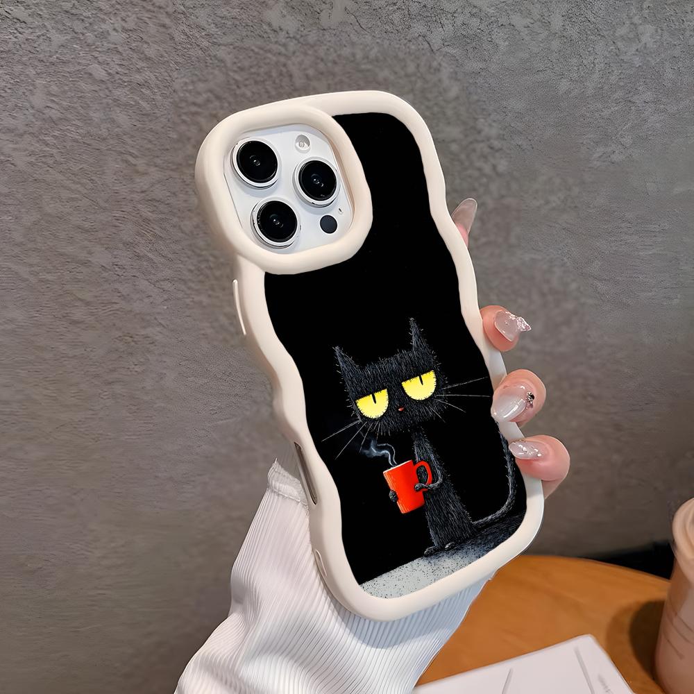 

Cute Coffee Cat Wavy Edge TPU Mobile Phone Case for iPhone 17 16 15 14 13 12 11 Air Pro Max Plus Colorful Cover iPhone17 Pro