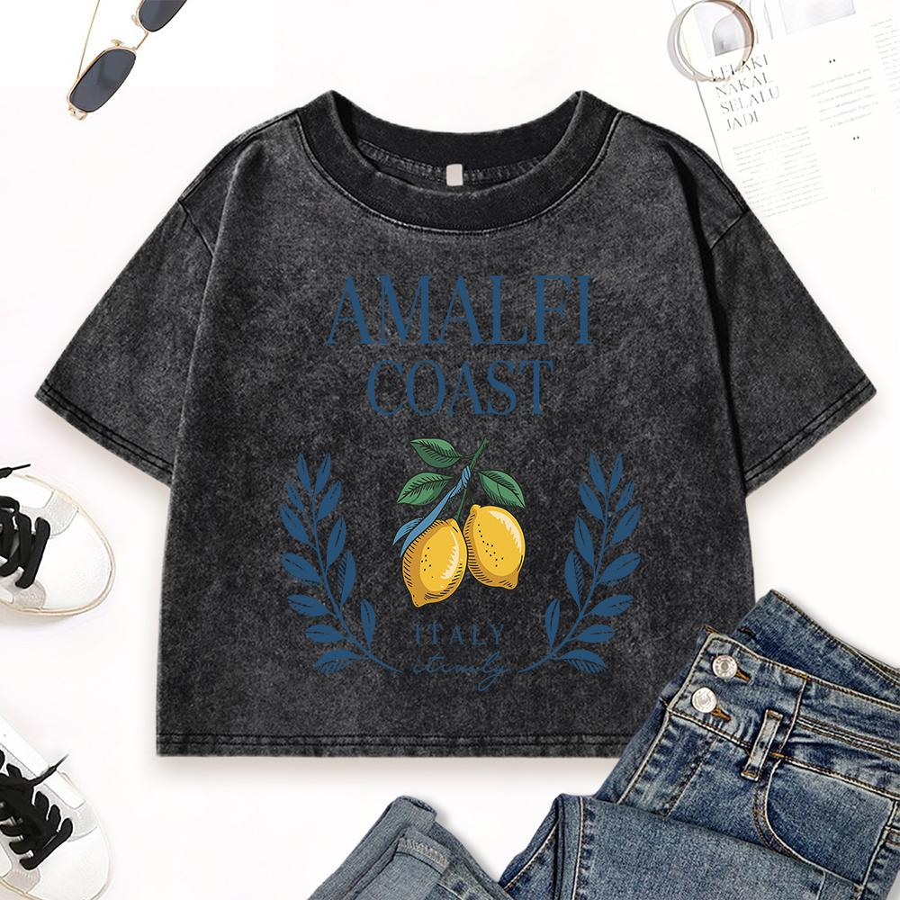 Amalfi Coast Lemon Italy Printing Washed T-Shirt Women Summer Cotton Streetwear Fashion Slim Clothes Hip Hop T Shirt