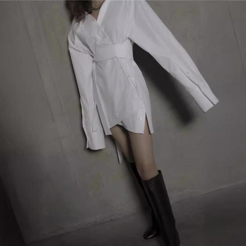 Retro Irregular Waist-Cinched Loose Shirt Dress – Niche European & American Design