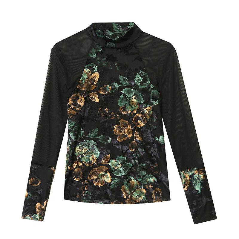 Retro Printed Turtleneck Base Shirt Slim Long-sleeved T-shirt Mesh Lace Top Two-piece Front and Back
