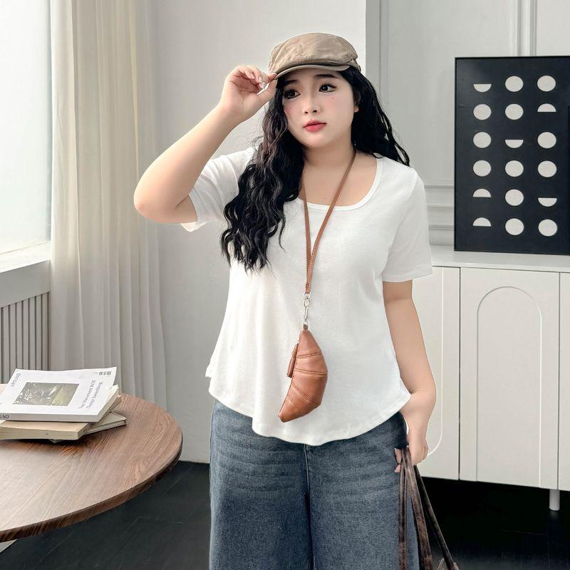 

Size Women s Clothing [Normcore Asymmetrical T] Square Collar Loose Short-Sleeved T-shirt Summer Plus Size Ladies Belly Covering Slim Looking Tops Moonlight White 5XL