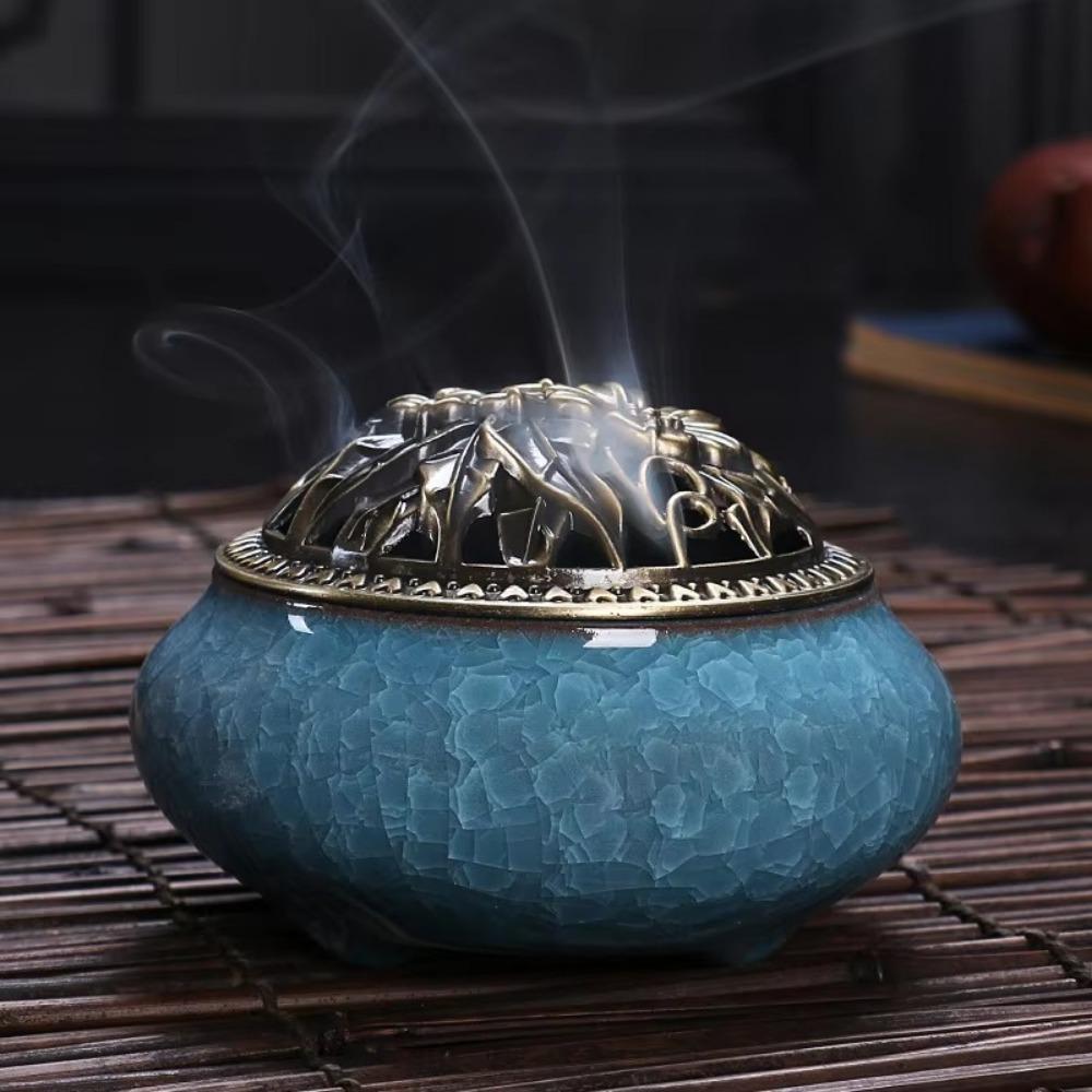 New Ceramic Incense Burner Copper Cover Ice Crack Incense Plate Antique Alloy Sandalwood Stove Home Decoration