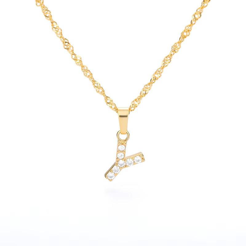 New English letter necklace plated with real gold and slightly inlaid with zircon letter pendant stainless steel chain