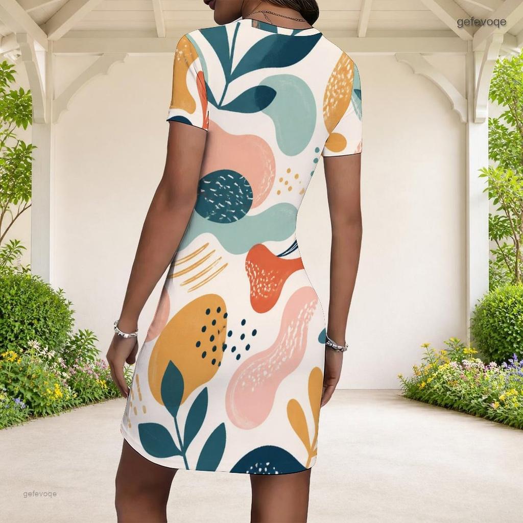 Women Plus Size Round Neck Short Sleeve Colorful Printed Fitted Mini Dress