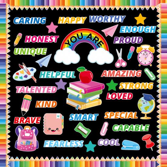 88Pcs/Set Back To School Bulletin Board Decoration Rainbow Book Pencil Notebook Letter Wall Sticker Welcome Party Blackboard Background Decor