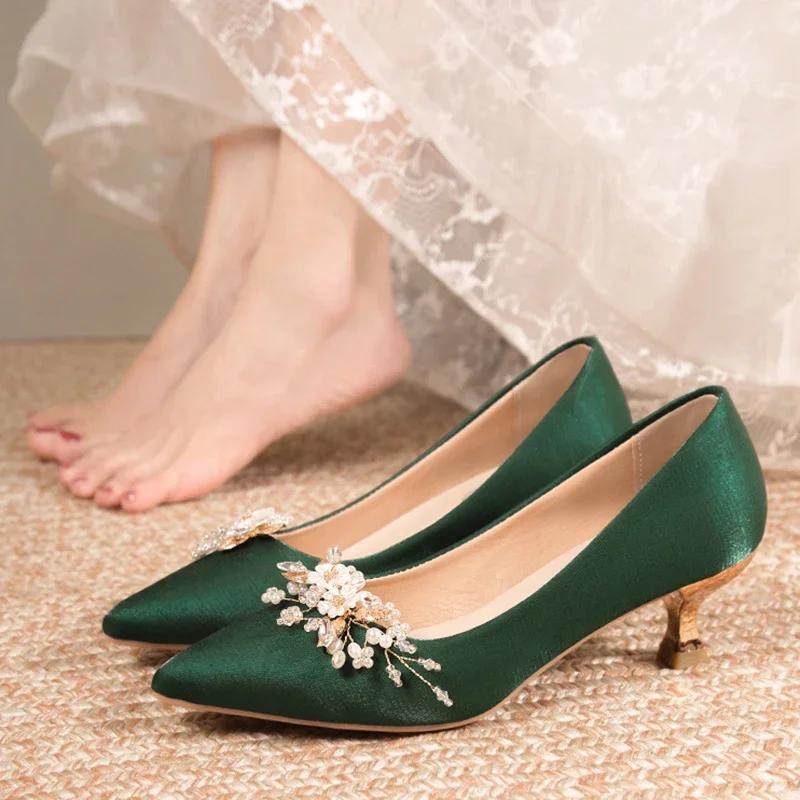 Fashion Luxury Women's Crystal Floral Pumps Spring 2025 Comfortable Med Heels Pointed Toe Party Wedding Shoes Woman Green Silk Pumps 41