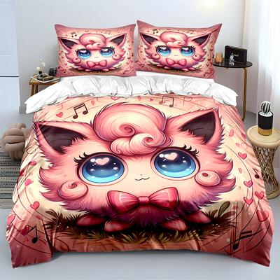 Pokemon Pummeluff 3-teiliges Bettwäsche-Set Kissenbezug Bettdecke für Erwachsene Schlafzimmer-Bettwäsche-Set Bettbezug Bettdecke Heimdekoration Steppdecke