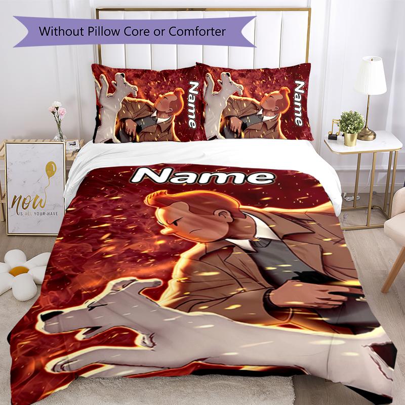 Juego de Ropa de Cama de 3 Piezas con Nombre Personalizado Las Aventuras de Tintín Cierre de Funda Nórdica Incluye 1 Funda Nórdica y 2 Fundas de Almohada para Todas las Estaciones Decoración de Dormitorio