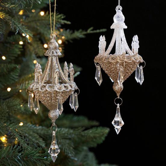 Glitter Chandelier Ornament 7 Inch Sparkling Acrylic Chandelier Christmas Tree Ornaments with Faux Crystal for Trees Doors Holiday Home Decor