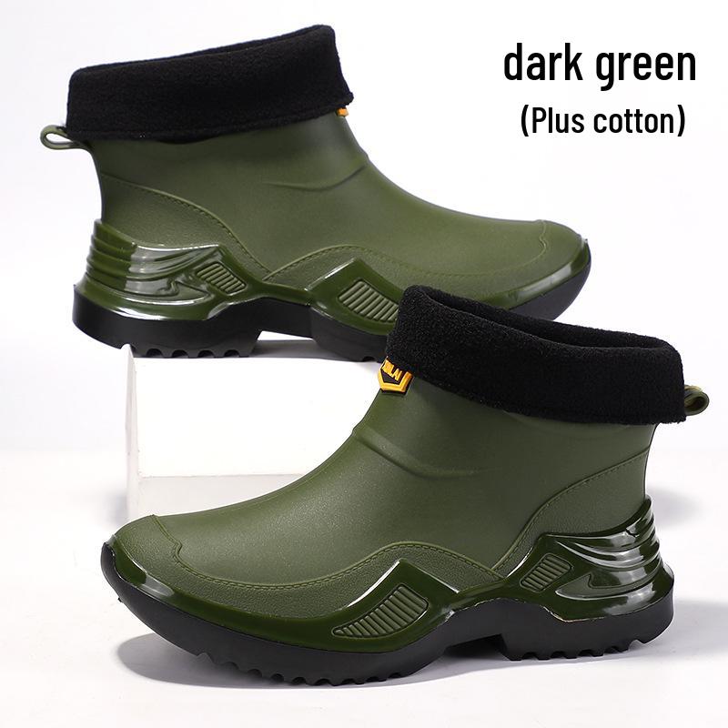 Men's Army Green Waterproof Rubber Rain Boots - Trendy, Cool, Non-Slip, Sports Style, Thickened, and Widened.