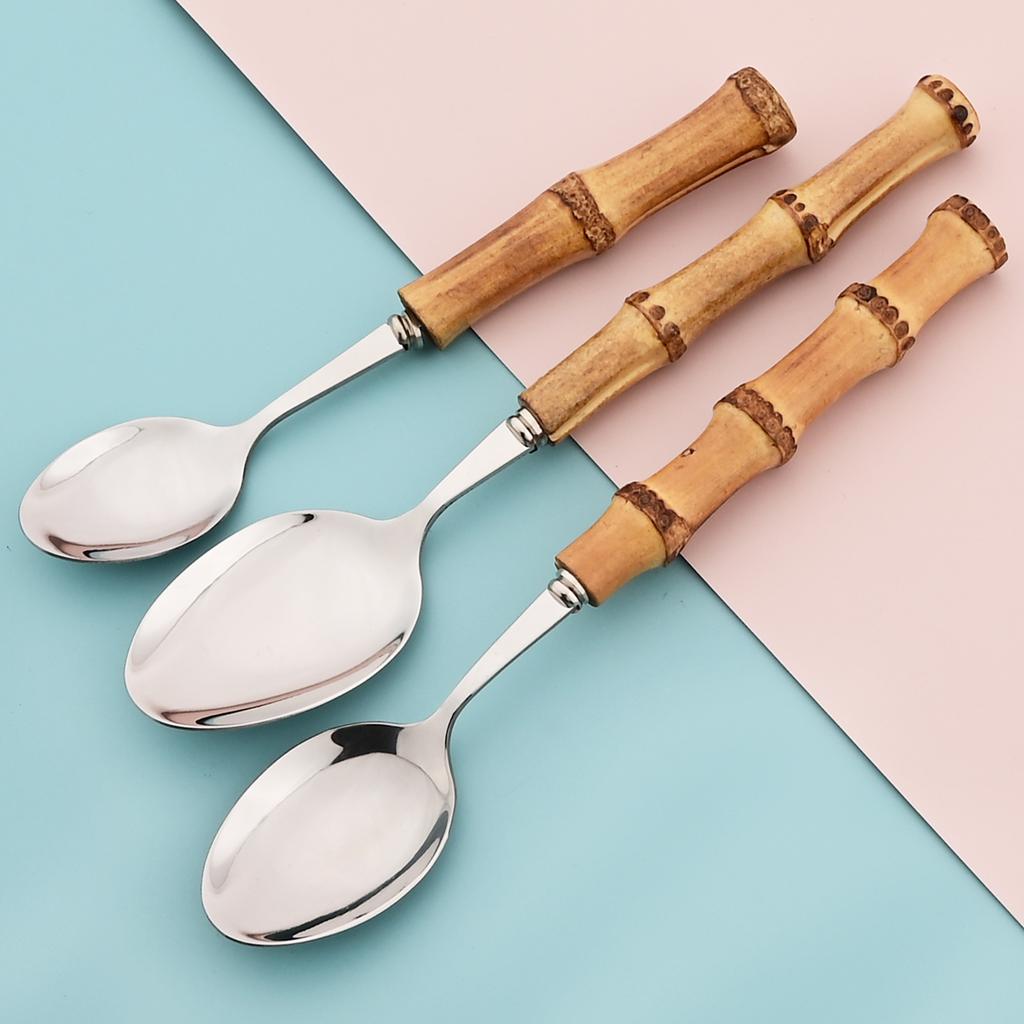 Wood Bamboo Root Handle Cutlery Stainless Steel Dinnerware Kitchenware Food Serving Spoon Salad Fork Spoon Tea Spoon Tableware