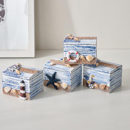 Yousheng Coastal Wooden Trinket Box Handcrafted Nautical Jewelry Box with Starfish Shells Rustic Decorative Storage Box for Beach Home Decor