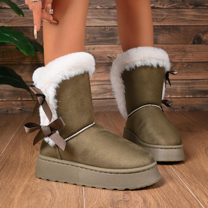 Plus Size Snow Boots Winter New Round Toe Suede Sleeve Bow Platform Non-Slip Flat Cotton Shoes