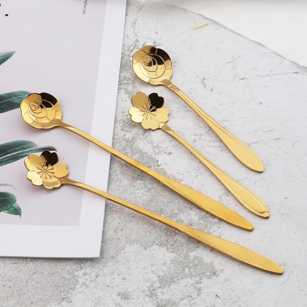 2Pcs/set Creative Stainless Steel Flowers Shape Dessert Spoons Kids Sugar Spoons Set Kitchen Accessories Wedding Gift Box Set
