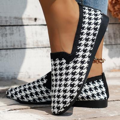 New Round Toe Flat Shoes Female Shallow Mouth Sports Footwear Womens Plus Size Walking Knitting Sandals Plaid Print Loafers