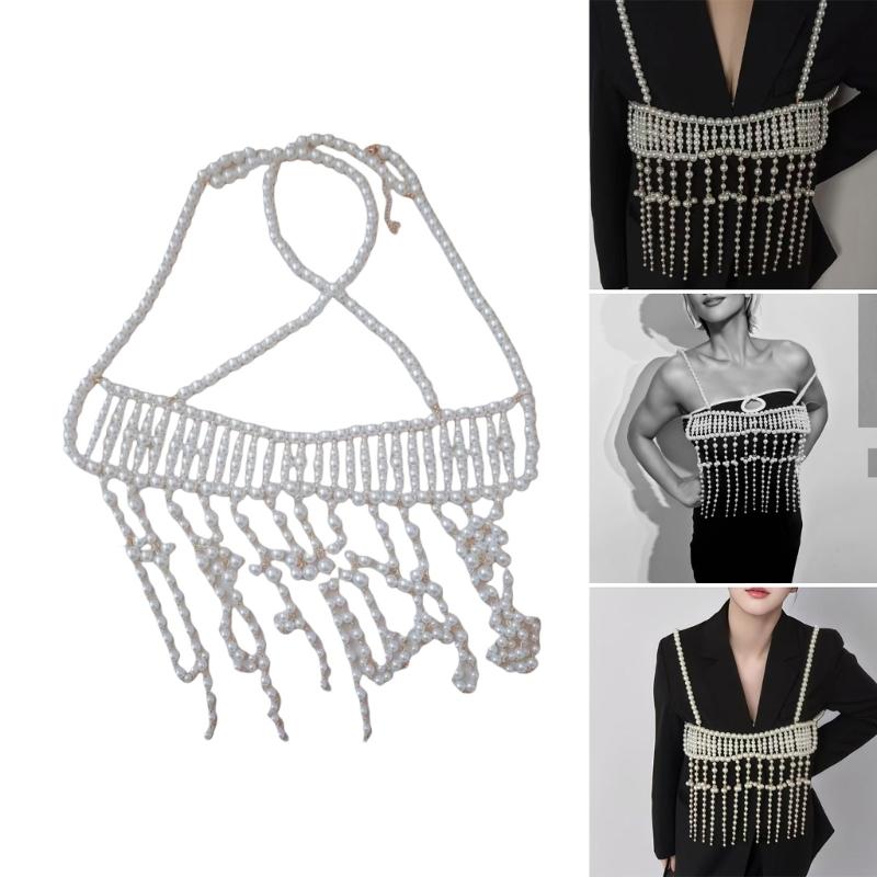 Elegant Pearls Chest Chain with Rhinestones Layered Crystal Body Chain Jewelry for Women Party and Festival Wear