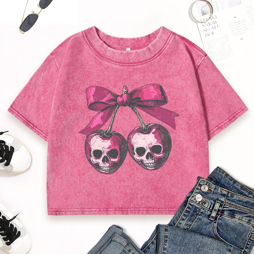 Pink Bow Skeleton Cherry Print Women Washed T-Shirt Slim Cotton T Shirts Street Hip Hop Tops Short Sleeve