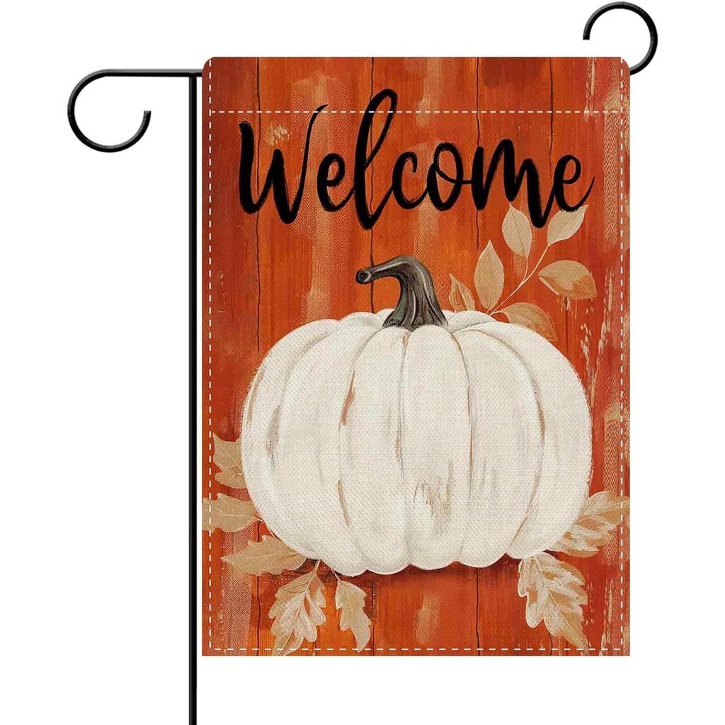 Welcome Fall White Pumpkin Decorative Garden Flag, Vintage Autumn Thanksgiving Leaves Yard Outside Home Decoration, Retro Farmhouse Outdoor Small Deco