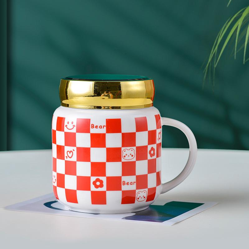 High Value J Mirror Chess Lattice Ceramic Cup Home Office Water Cup Coffee Cup Bear Mug Gift