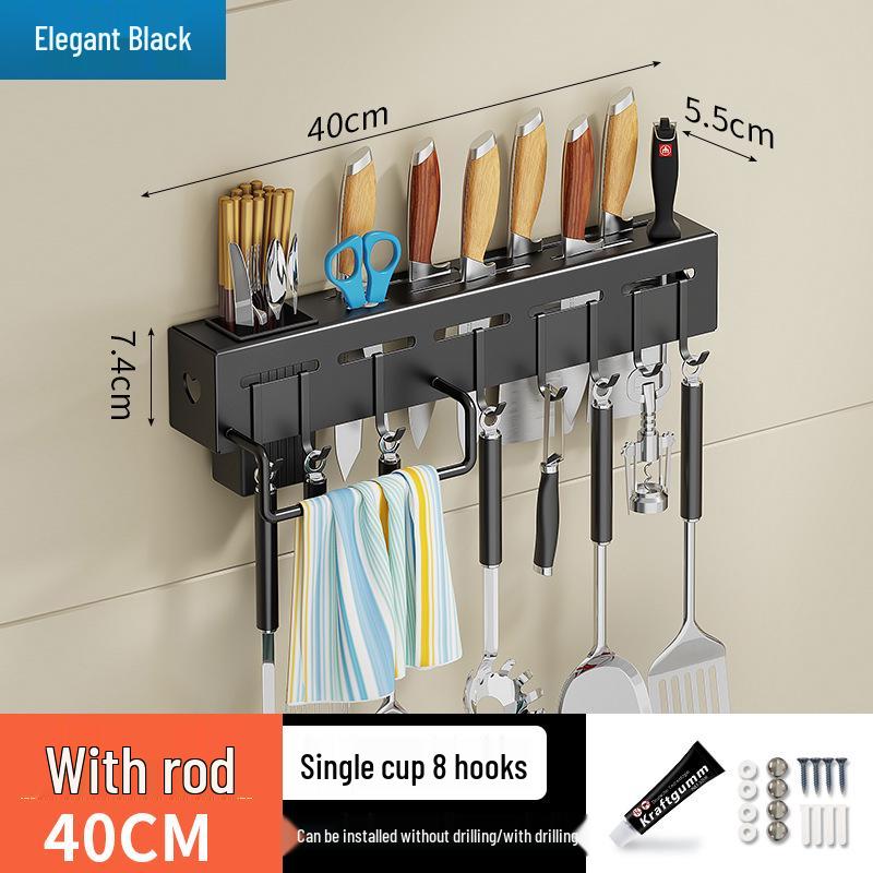 Wall-Mounted Carbon Steel Multifunctional Knife and Cutlery Storage Rack, Punch-Free Installation