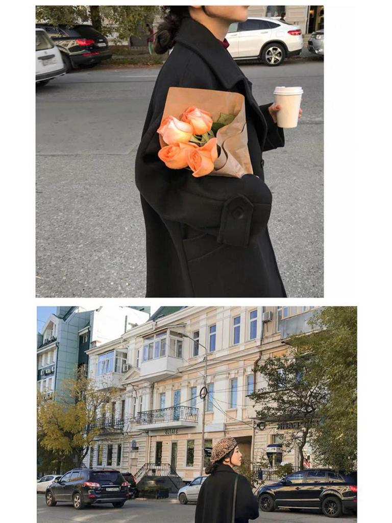 Dámský vlněný kabát černé barvy střední délky nad koleno, Hepburn styl, korejský styl, volný střih, styl Mori, připravený na zimu.