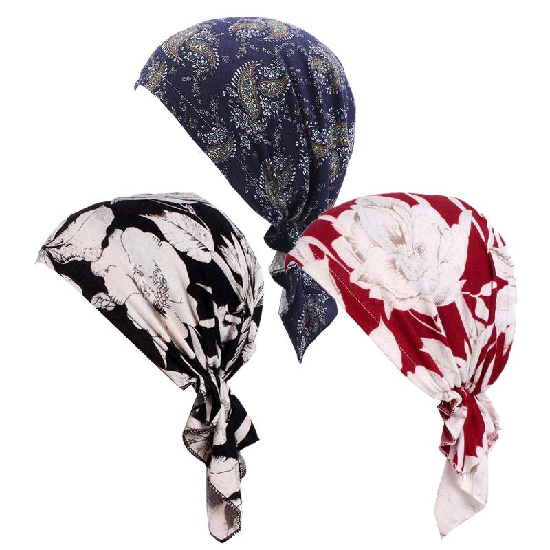 Women Printed Muslim Turban Pre-tie Style Cancer Chemo Hat Beanie Scarf Turban Head Wrap Cap  Headwear Lady Hair Accessories