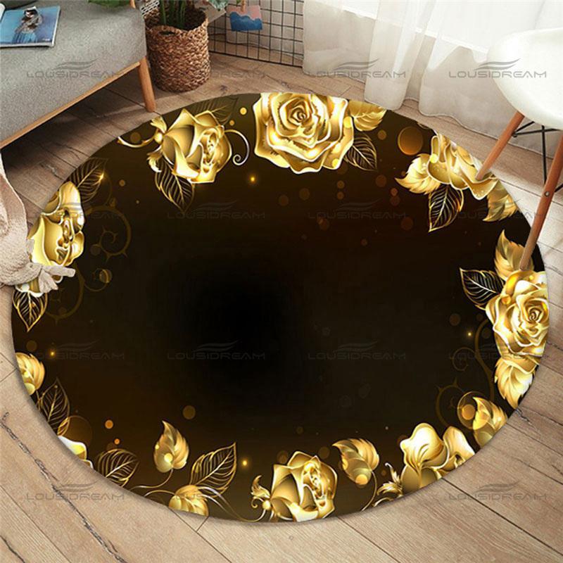 Gold Rose Pattern Floor Mat Fashion Round Rose Rug Home Anti-slip Children's Bedroom Rug Living Room Rug Home Decor Floor Mats