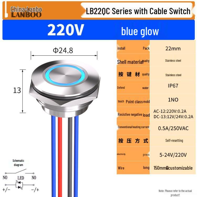 Lanbo IP67 Waterproof Tactile Push Button Switch with Light, Metal, 16/19/22mm.