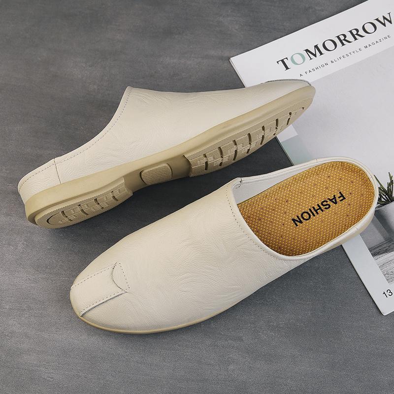 Comfy Mens Muller Shoes Italian Men Slippers Genuine Leather Loafers Casual Outdoor Non-slip Half Slipper Men All-match