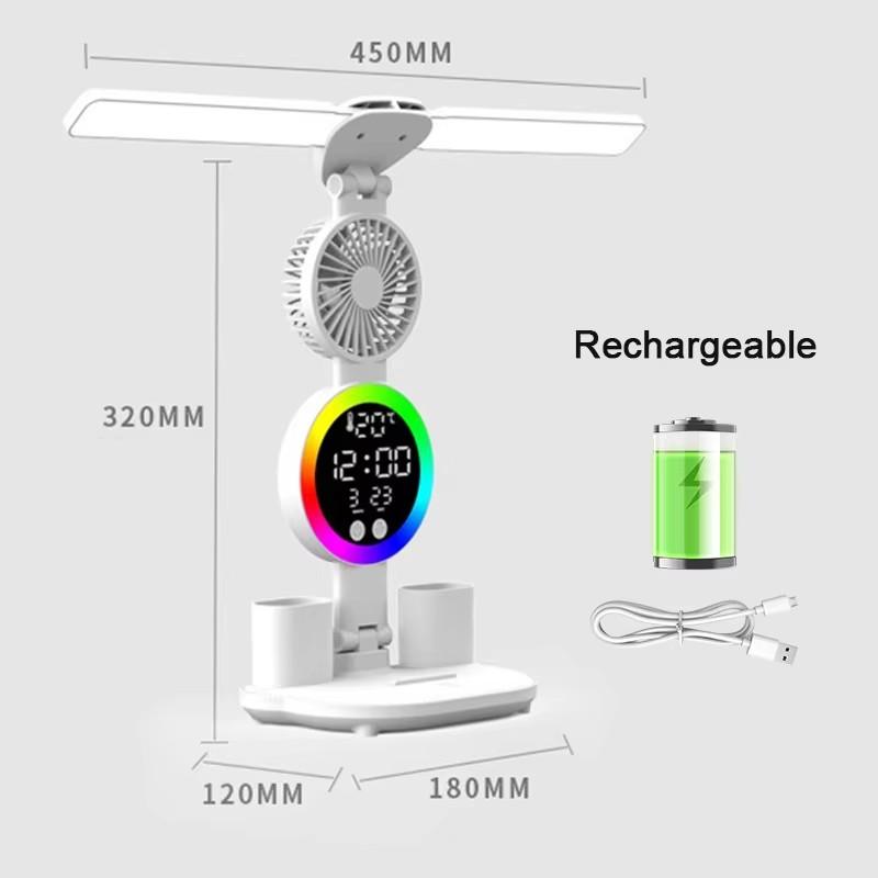 LED Clock Table Lamp With fan USB Chargeable Touch Lights 2Heads 180 Rotate Foldable Eye Protection Desktop Reading Table Lights