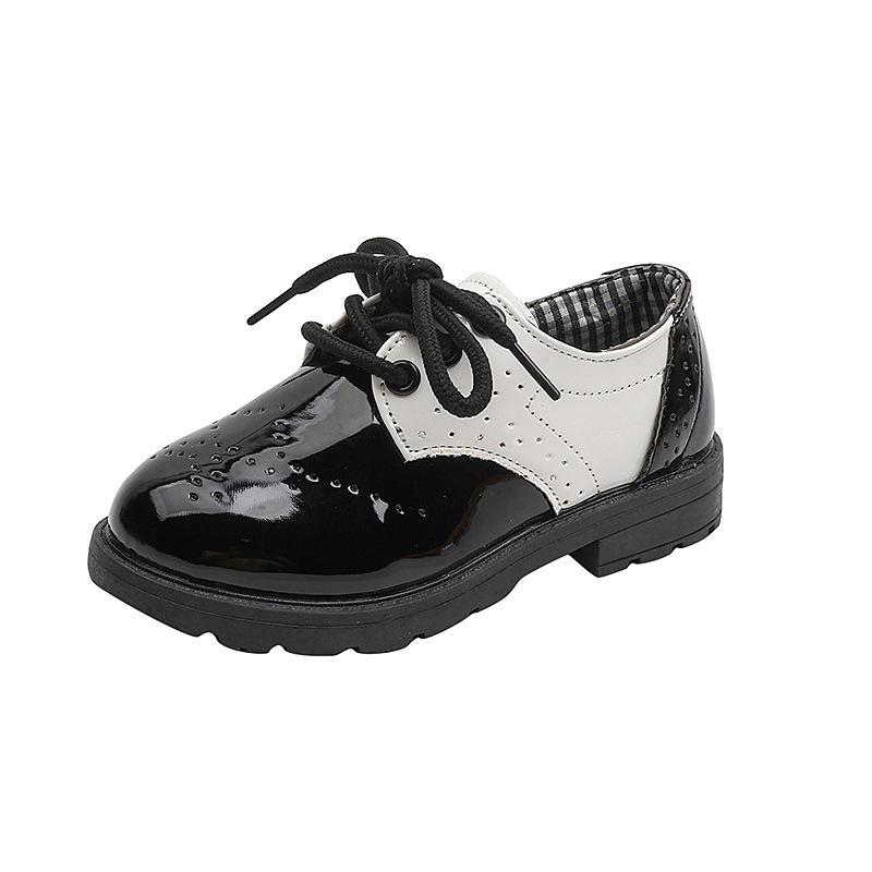 Boys Black British Round Toe Leather Shoes Student Wedding Pageant Performance Dress Shoes