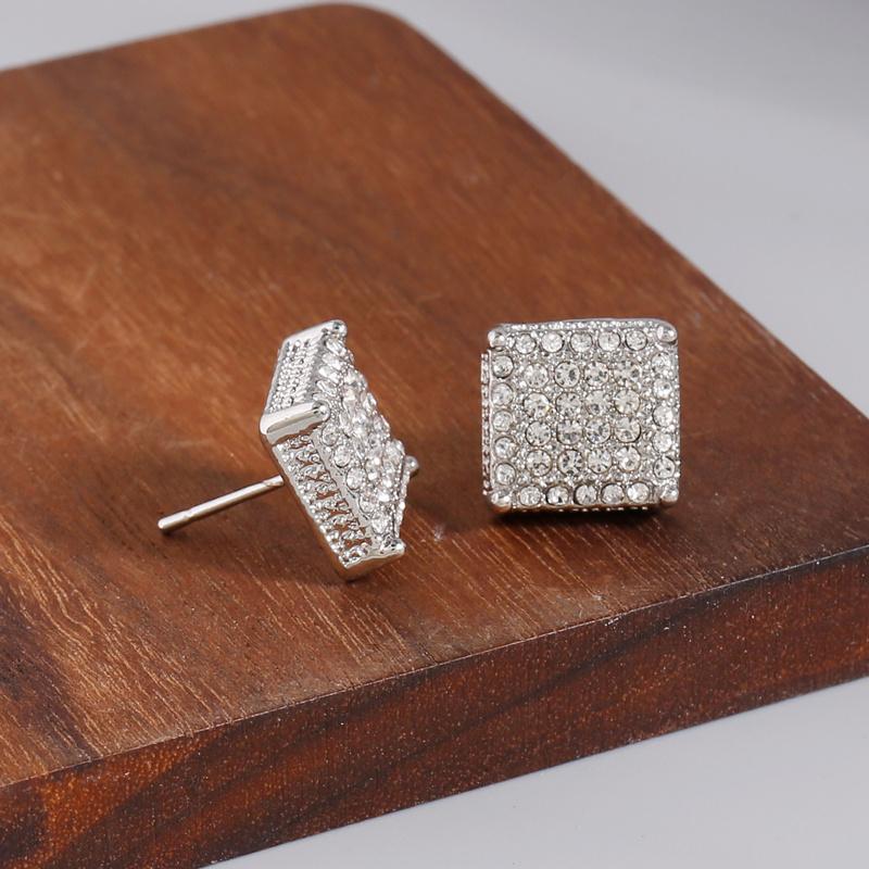Trendy  Golden Color / Silver Color Bling Out Iced AAA Three Zirconia Micropave Square Hip Hop Stud Earrings