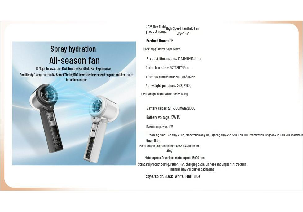 2026 Turbo Spray Handheld USB Rechargeable Fan with Strong Wind Power for Desk Use