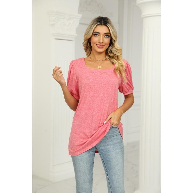 Letní dámské tričko jednobarevné čtvercový výstřih vrásčitý bublinkový rukáv top s krátkým rukávem