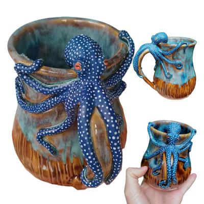 Taza de pulpo azul, taza de café de pulpo hecha a mano, taza de cerámica estilo océano, taza de arte creativo pintada a mano, regalo para amantes del océano