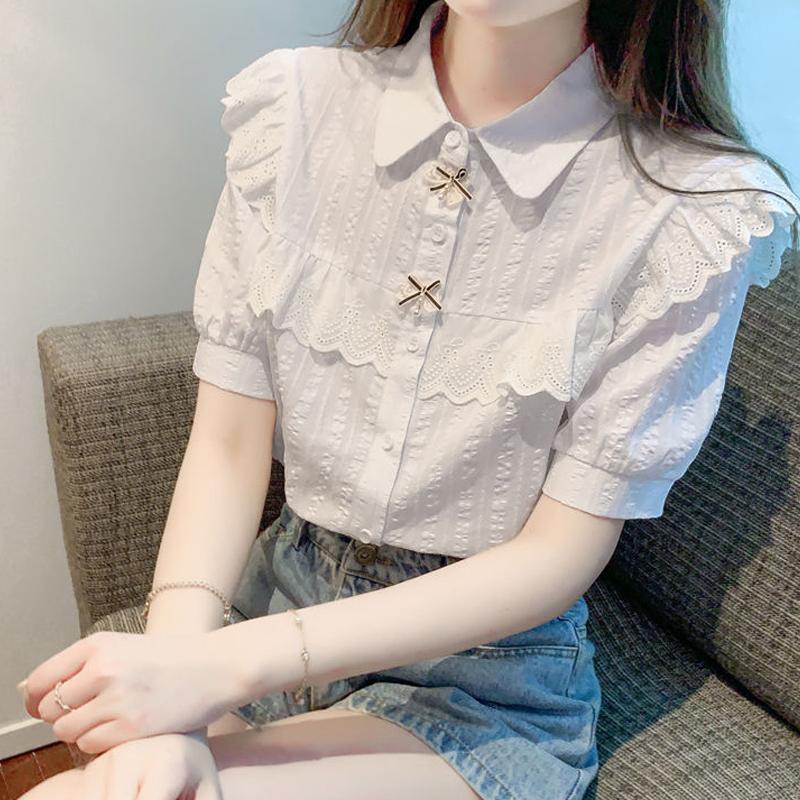 Summer 2025 New Women's Cotton Shirt Western Style Niche Short-sleeved Lace Blouse 925