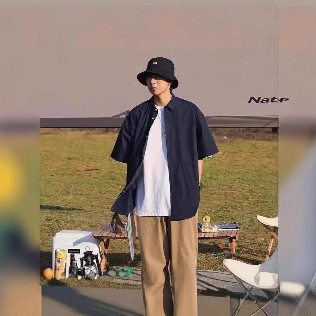 Japanese Style Solid Color Short Sleeve Shirt for Men and Women - Trendy, Loose, Casual Korean and Hong Kong Inspired Top (2025).